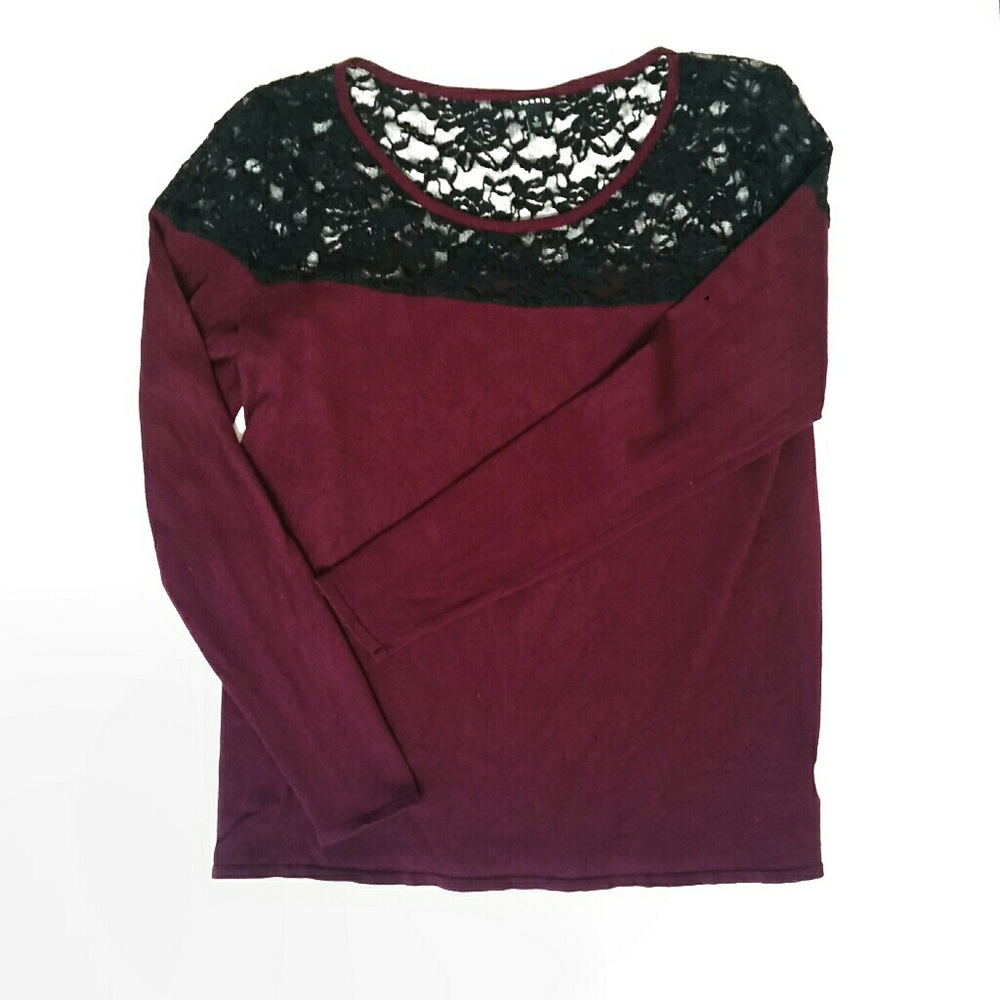 Torrid Burgundy Knit Sweater with Black Lace Neck